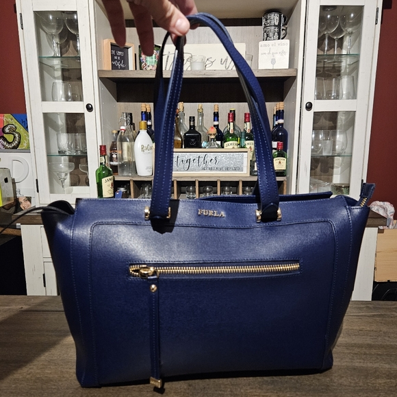 Furla Handbags - FURLA GINEVRA Saffiano Leather Logo Tote Bag Women Navy Blue Gold Large capacity
